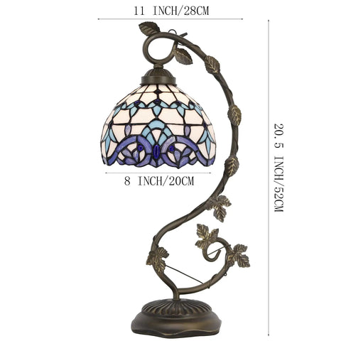 Tiffany Style White Blue Stained Glass Table Lamp With Reading Desk Light Metal Leaf Base 8x10x21 Inches Space Saving Bedside Bedroom Home Office Decor UL Listed Plug In Lamp With On Off Cord Switch Classic Vintage Vibe Glow