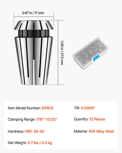 Shop Tested ER16 Collet Set 12 Piece 1/16 To 13/32 Inch High Precision Spring Collet Chuck For CNC Routers Built Like A Tank For Precision Milling Work
