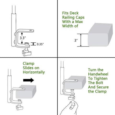 Rock Solid Heavy Duty Steel Bird Feeder Pole, 42 Inch Deck Stand Mount clamp details, fits 3-inch railing, adjustable design