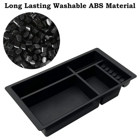 Black ABS Center Console Organizer For 2014 To 2018 Silverado 1500, 2015 To 2019 Silverado 2500HD And 3500HD, with compartments.