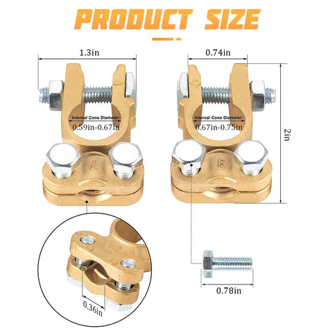 Diagram showing Brass Battery Terminal Clamps Set Top Post Connectors Protectors, Positive And Negative 1 Pair with size dimensions.