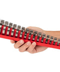 Hand holding Three Eighths Inch Drive Crowfoot Wrench Set With Rack Seventeen Piece 8 To 24 Millimeter Range Lean Access Friendly Tools