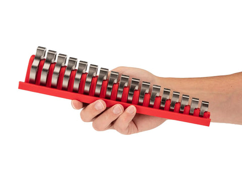 Hand holding Three Eighths Inch Drive Crowfoot Wrench Set With Rack Seventeen Piece 8 To 24 Millimeter Range Lean Access Friendly Tools