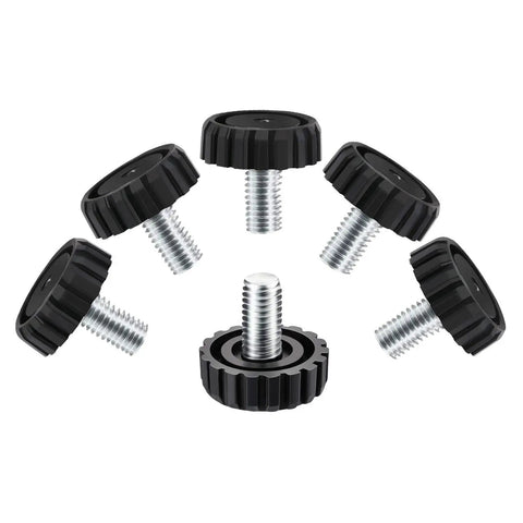 30 Pack M8 Screw On Furniture Glide Leveling Feet For Tables And Desks, Black Metal Adjustable Leg Levelers displayed in set of six