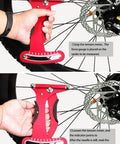Spoke Tension Meter And Wrench Kit For Bikes 8 Piece Pro Wheel Repair Set with red tension meter in use on bike wheel.