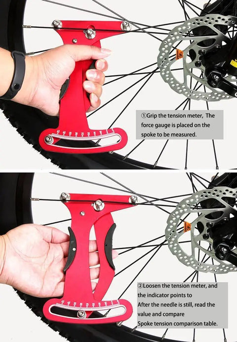 Spoke Tension Meter And Wrench Kit For Bikes 8 Piece Pro Wheel Repair Set with red tension meter in use on bike wheel.