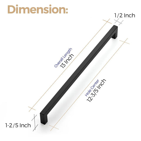 Three Pack Matte Black Kitchen Cabinet Handles Square Pulls For Cabinets And Drawers, 12-3/5 Inch Center To Center, Modern Durable Hardware, Easy Install, Black Drawer Pulls, Ideal Upgrade For Kitchen Cabinets