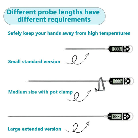 Different probe lengths of Digital Candy Thermometer Instant Read For Meat And Oil Frying, Kitchen Cooking Thermometer With Hold Function, Auto Shutoff, 9.4 Inch Probe.