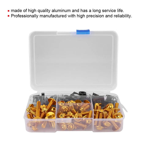 Universal Motorcycle Fairing Bolt Kit With M5 And M6 Aluminum Bolts Washers And Speed Clips in Gold Finish in a storage case