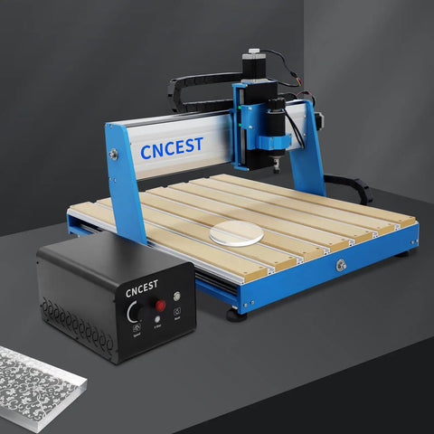Heavy Hitting 3 Axis CNC Router Machine With 500W Air Cooled Spindle for precise carving on wooden surface and control unit.