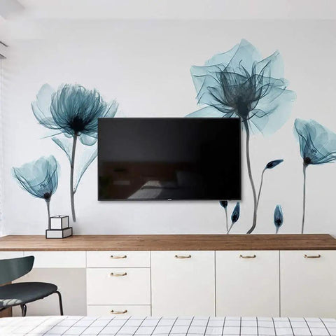 Blue Flower Wall Decals Peel And Stick Removable Die Cut Vinyl Murals For Bedroom Living Room Classroom Office Easy Apply Reposition No Residue Waterproof Durable DIY Wall Decor Create A Cozy Hand Painted Look And Personal Vibe on wall with TV and desk