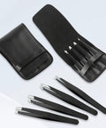 4-Piece Pro Tweezers Set For Brows, Facial Hair, Splinters And Ingrown Hairs With Precision Tips, Stainless Steel, Travel Case