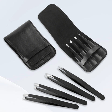 4-Piece Pro Tweezers Set For Brows, Facial Hair, Splinters And Ingrown Hairs With Precision Tips, Stainless Steel, Travel Case
