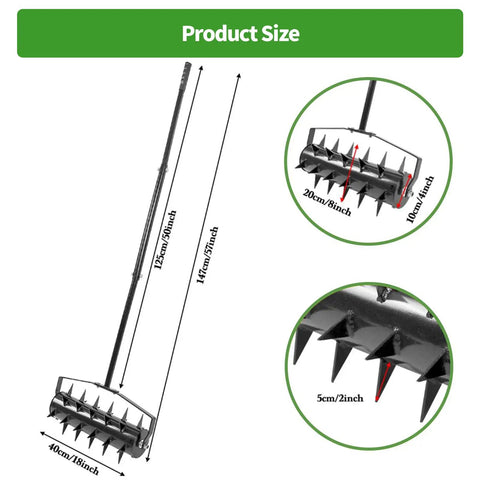 Rolling Lawn Aerator With 18 Inch Roller And 50 Inch Handle Manual Lawn Aerator Tool For Deep Soil Penetration Sturdy Rustproof Metal Frame Easy Garden Yard Aeration For Dense Turf And Healthier Grass, side view with size dimensions and spiked roller close-up