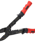 Multi Function Terminal Crimping Tool with Stripper and Wire Cutter, ergonomic red grip, carbon steel blades for electrical work.