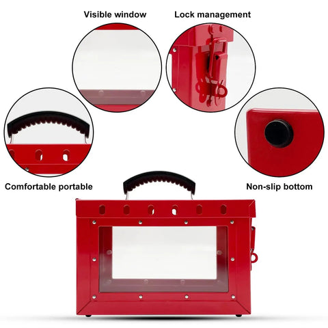 Lockout Tagout Box Kit Set Of 3 Portable Padlock Boxes With Transparent Acrylic Sides For Quick Visual Checks Heavy Duty Steel Construction Group LOTO Boxes For On Site Maintenance And Team Safety Compliance, showing detailed features including visible window and non-slip bottom.