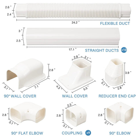 3 Inch Wide 10 Foot Line Set Cover Kit for Mini Split AC Systems with flexible duct, straight ducts, and connectors.