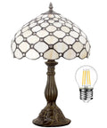 Tiffany Style Cream Amber Stained Glass Table Lamp With Bead Accents for a Lit Desk or Bedside Vibe, 12 Inch Shade, 18 Inch Tall, S005 Series