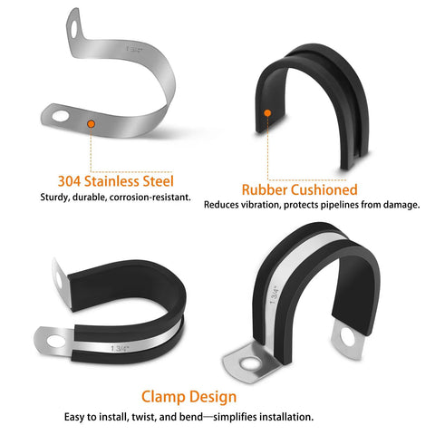 130Pcs Cable Clamp Kit With 12 Sizes In 304 Stainless Steel And Rubber Cushions showcasing clamp design and material features