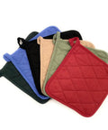 Heavy Duty 12 Pack Square Pot Holders Hella Heat Resistant Kitchen Hot Pads Quilted Cotton Padding Machine Washable Trivets For Baking And Tailgating 8X8 Inch Solid Kitchen Game Changer in assorted colors stacked together.