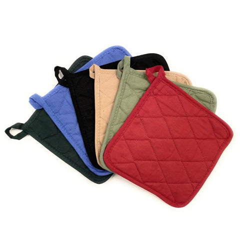 Heavy Duty 12 Pack Square Pot Holders Hella Heat Resistant Kitchen Hot Pads Quilted Cotton Padding Machine Washable Trivets For Baking And Tailgating 8X8 Inch Solid Kitchen Game Changer in assorted colors stacked together.