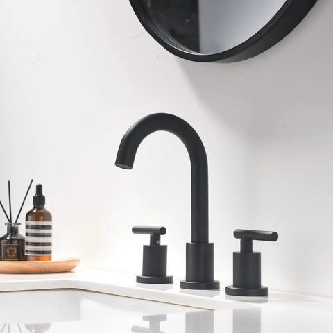 Two Handle Widespread Matte Black Bathroom Faucet for 3 Hole Vanities 8 Inch Centers with Pop Up Drain and cUPC Supply Lines