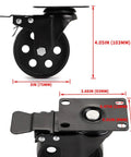 Three Inch Plate Caster Wheel Set With Cast Iron Swivel Plate Casters And Dual Locking, measurements and features visible