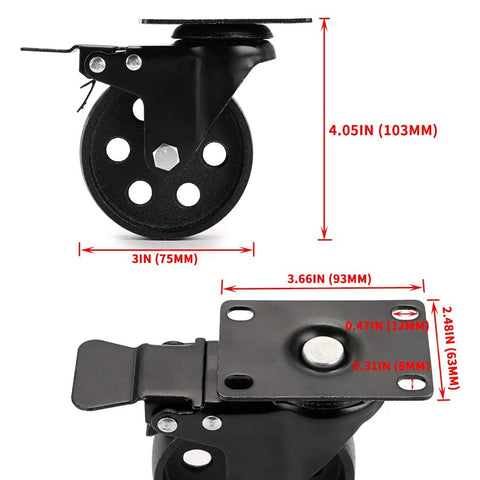 Three Inch Plate Caster Wheel Set With Cast Iron Swivel Plate Casters And Dual Locking, measurements and features visible