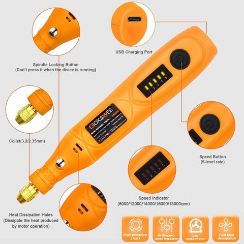 Mini Cordless Rotary Tool Kit With 105 Accessories, 5 Speed 18000 RPM, USB charging port and speed indicator details