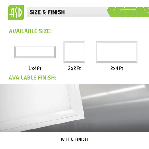 Available sizes and white finish of 2x2 LED Flat Panel Light Edge Lit Dimmable 27W 3005LM Fixture 4000K Bright White