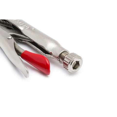 Close-up of locking plier from 5 Piece Pro Grade Locking Pliers Set With Curved Jaw And Long Nose Pliers Featuring Wire Cutter Includes 5, 7, And 10 Inch Curved Jaw Pliers And 6 And 9 Inch Long Nose Pliers Plastisol Grip Comfort And Adjustable Screw