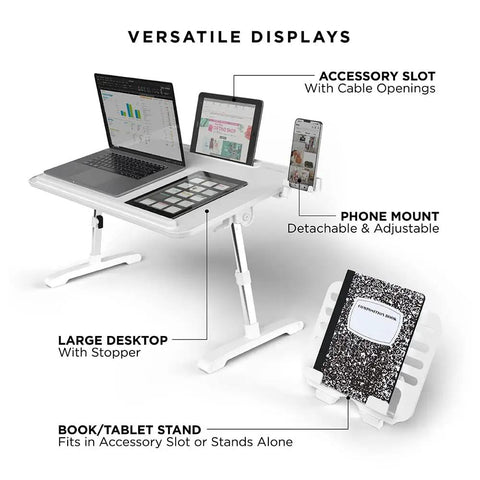 Portable Lap Desk And Workstation With Adjustable Height And Tilt, PVC Leather Finish, Non Slip Desktop Stopper, white