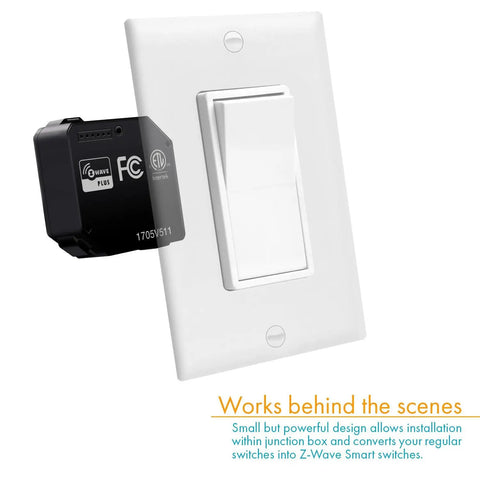 Hidden Z-Wave Plus Smart Relay For Lights And Ceiling Fans, 120-277 VAC, 10A, Neutral Wire Required, device with wall switch setup.