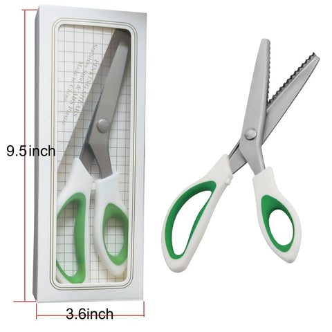 Green Pinking Shears With Comfort Grips For Zigzag Cutting Durable Sewing Scissors in packaging and angled view