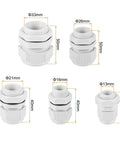 Various sizes of connectors from All-In-One Cable Gland Kit For Diyers With Fifty-Two Adjustable Connectors In Quarter, Three-Eighths, Half, Three-Quarters, And One-Inch Sizes, Weatherproof Nylon Conduit Fittings For Indoor And Outdoor Electrical Projects