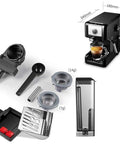 Compact Latte Machine With 20 Bar Espresso Semi Automatic Milk Frother Steam Wand 1250W with accessories and removable parts.