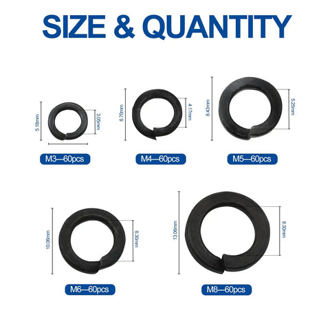 Heavy Duty Zinc Plated Carbon Steel Lock Washers Assortment Kit 300 PCS sizes M3 to M8 displayed with measurements.