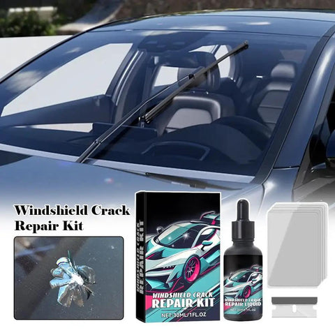 DIY Windshield Crack Repair Kit For Chips And Stars Quick Glass Fix That Stops Cracks From Spreading Easy No Removal Car Windshield Repair For A Clear Finish In Minutes in packaging next to a car windshield.