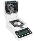 Top Shelf Halogen Moisture Analyzer For Food And Industrial Labs Featuring Snappy 110 Gram Capacity, open with sample tray.