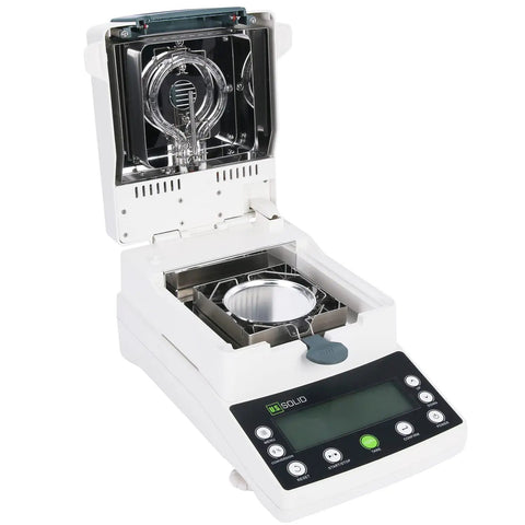 Top Shelf Halogen Moisture Analyzer For Food And Industrial Labs Featuring Snappy 110 Gram Capacity, open with sample tray.