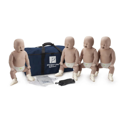 Pro Level CPR And AED Training Kit Featuring Four Adult And Four Infant Manikins With Real Feedback Plus Set With Masks Lung Bags Kneeling Mats And Carry Bag For Swift Drills And No Sweat Practice with four infant manikins in a carrying bag.