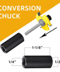 Hella Sturdy Six Piece Slot Cutter Router Bit Set With One Quarter Inch Shank, conversion chuck shown with specifications.