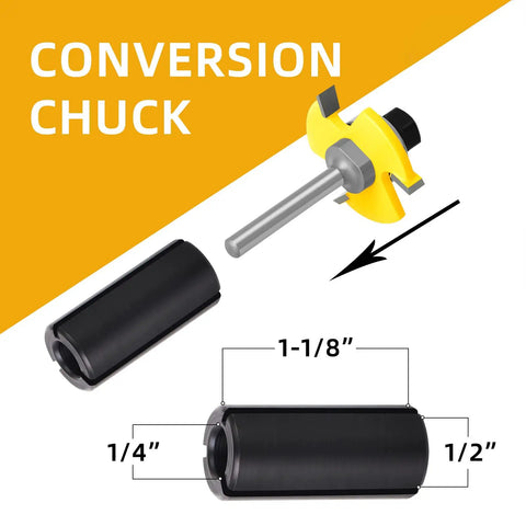 Hella Sturdy Six Piece Slot Cutter Router Bit Set With One Quarter Inch Shank, conversion chuck shown with specifications.
