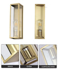 Outdoor Wall Light Waterproof Exterior Sconce With A Dope Brushed Brass Frame And Clear Glass Shade For Porch Entryway Or Front Door E26 Base Socket Bulb Not Included Weather Resistant Durable Outdoor Lighting Fixture For Indoor Or Outdoor Use, showcasing brass frame, clear glass shade, and E26 socket details.