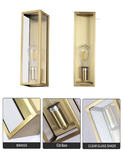 Outdoor Wall Light Waterproof Exterior Sconce With A Dope Brushed Brass Frame And Clear Glass Shade For Porch Entryway Or Front Door E26 Base Socket Bulb Not Included Weather Resistant Durable Outdoor Lighting Fixture For Indoor Or Outdoor Use, showcasing brass frame, clear glass shade, and E26 socket details.