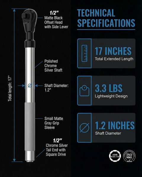 1/2 Drive Angled Impact Extension Wrench For Tight Spots With Lightweight Slick Build Ratcheting Flex Head technical specifications image showing dimensions and features.