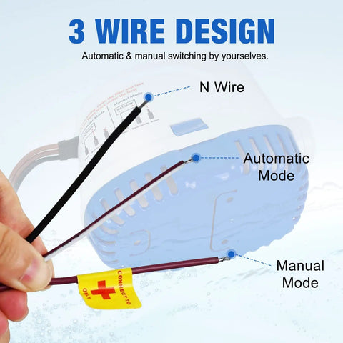Automatic Submersible Bilge Water Pump 12V 1100GPH With Built In Float Switch, showing 3 wire design with manual and automatic modes.
