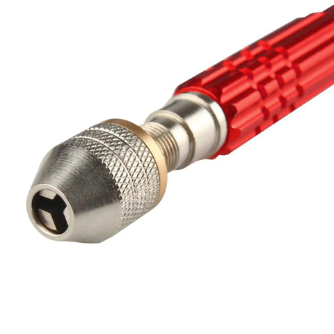 Pin Vise Drill With 3 Jaw Chuck, Adjustable 0 to 1 Eighth Inch Capacity, All Metal Aluminum Body, Built Tough Handy Hand Drill For Jewelry Making And Miniature Projects, No Drill Bits Included, Red Finish, Model SDZKQ-02, close-up chuck