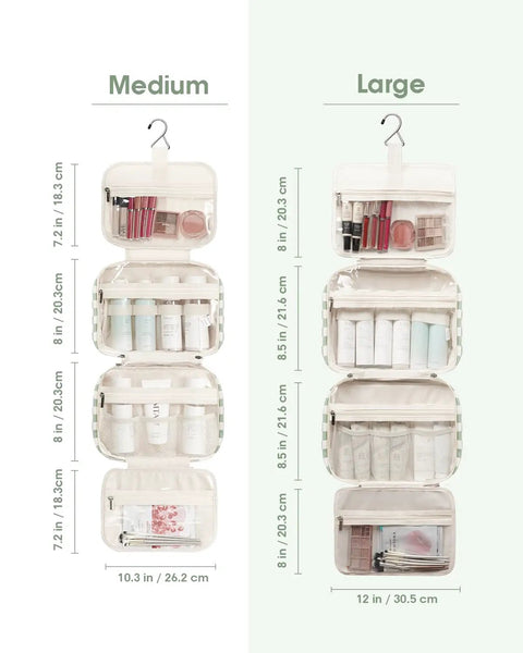 Must Have Hanging Toiletry Bag For Women Travel Organizer With Checkered Green Design, medium vs large size comparison image
