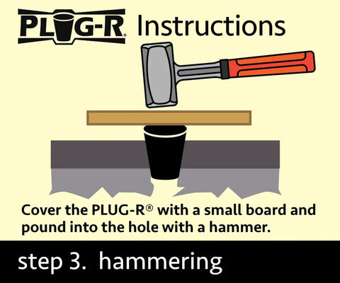 Three Quarters Inch Asphalt Plugs 25 Pack For Quick Driveway And Pavement Repair installation step with hammer and board